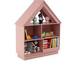 COSTWAY Kinderboekenkast in huisvorm, kinderrek van hout met 5 vakken, 3 niveaus, kinderkamerrek, speelgoedorganizer, speelgoedrek voor speelkamer, slaapkamer, 88 x 34 x 108 cm (roze)