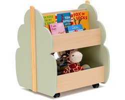 COSTWAY Kinderboekenkast op wieltjes, 2 niveaus, speelgoedrek van hout, 52 x 46 x 62,5 cm (groen)