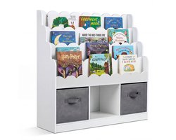 COSTWAY Kinderboekenplank golvend, kinderplank met 2 stoffen laden, 4 legplanken & 3 vakken, houten kinderboekenplank, Montessori speelgoedplank voor de kinderkamer, 90 x 30 x 91,5 cm