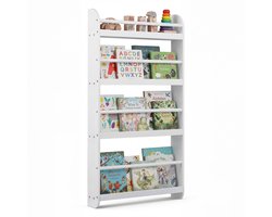 COSTWAY Kinderboekenplank, kinderplank met 4 vakken, houten wandplank voor speelgoed & boeken, smalle Montessori opbergplank voor kinderkamer, leeshoek, 56 x 12 x 107 cm (Wit)