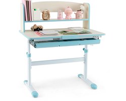 COSTWAY Kinderbureau, in hoogte verstelbaar kinderbureau, studentenbureau met kantelblad, boekenkast en lade, voor kinderen van 3-12 jaar (blauw)