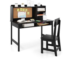 COSTWAY Kinderbureau met Prikbord, Houten Kinderschrijfbureau Set, Jeugdbureau met Stoel, Opzetstuk, Lade & Planken, Leerlingenbureau voor Kinderkamer voor Kinderen vanaf 3 Jaar (Zwart)