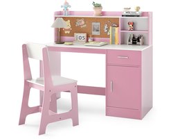 COSTWAY Kinderbureau met stoel, houten bureau met planken, laden en kast, jeugdbureau voor kinderkamer, leertafel voor jongens, meisjes vanaf 3 jaar (roze)