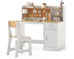 COSTWAY Kinderbureau met stoel, houten bureau met planken, laden en kast, jeugdbureau voor kinderkamer, leertafel voor jongens, meisjes vanaf 3 jaar (natuur)