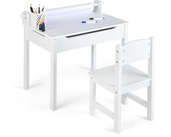 COSTWAY Kinderbureau met stoel, kindertafel met inklapbaar tafelblad, jeugdbureau met papierrolhouder en markeerstiften, schoolbureau voor kinderen vanaf 3 jaar (wit)