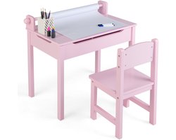 COSTWAY Kinderbureau met stoel, kindertafel met inklapbaar tafelblad, jeugdbureau met papierrolhouder en markeerstiften, schoolbureau voor kinderen vanaf 3 jaar (roze)