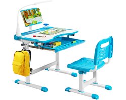 COSTWAY Kinderbureauset met boekenstandaard en ledlicht, in hoogte verstelbare kindertafel en stoel met kantelbaar tafelblad en lade, kinderbureau voor jongens en meisjes (blauw)