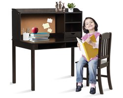 COSTWAY Kinderbureauset met prikbord, bureau voor kinderen met stoel, jeugdbureau met opzetstuk, laden en verstelbaar rek, houten studentenbureau voor kinderkamer (bruin)