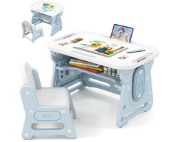 COSTWAY Kinderbureauset met stoel, kindertafel incl. kantelbaar whiteboard, boekenstandaard en concave plank, bureau-kinderstoel voor jongens en meisjes vanaf 3 jaar (blauw)