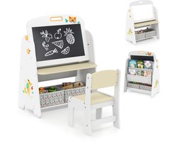 COSTWAY Kinderezel met stoel, kinderbord met boekenplank, magnetisch krijtbord en wit bord, dubbelzijdig speelbord met stoffen doos, bord voor kinderen, om te tekenen, lezen en schrijven (natuur)