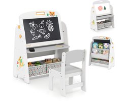 COSTWAY Kinderezel met stoel, kinderbord met boekenplank, magnetisch krijtbord en wit bord, dubbelzijdig speelbord met stoffen kist, schoolbord om te tekenen, lezen en schrijven (grijs)