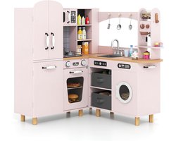 COSTWAY Kinderkeuken, hoek-speelkeuken incl. 12 accessoires & stoffen manden, houten keuken met dubbeldeurs-koelkast, koffiezetapparaat & wasmachine, speelgoedkeuken met licht & geluid voor kinderen