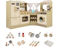 COSTWAY Kinderkeuken, hoekspeelkeuken met fornuis, koelkast, vaatwasser, koffiezetapparaat, magnetron en broodrooster, speelgoedkeuken met 21 accessoires, houten keuken voor kinderen vanaf 3 jaar
