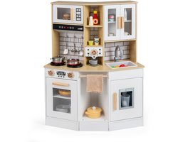 COSTWAY Kinderkeuken met 10 stuks. accessoires, houten speelkeuken met licht en geluid, houten keuken incl. fornuis, spoelbak, ijsmachine, koffiezetapparaat, magnetron & oven, speelgoedkeuken voor