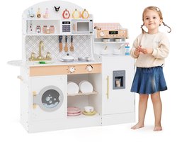 COSTWAY Kinderkeuken met 27 accessoires, houten speelkeuken met klok, magnetron, gootsteen, ijs- en koffiezetapparaat, serviesstandaard en wasmachine, speelgoedkeuken voor kinderen vanaf 2 jaar