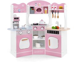 COSTWAY Kinderkeuken met accessoires, hoekspeelkeuken van hout met licht en geluid, houten keuken met koffiezetapparaat, magnetron, wasmachine, oven, hoekspeelkeuken voor kinderen vanaf 3 jaar