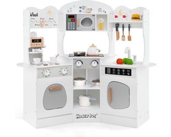 COSTWAY Kinderkeuken met accessoires, hoekspeelkeuken van hout met licht en geluid, houten keuken met koffiezetapparaat, magnetron, wasmachine, oven, hoekspeelkeuken voor kinderen vanaf 3 jaar
