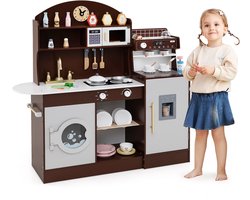 COSTWAY Kinderkeuken met accessoires, hoekspeelkeuken van hout met licht en geluid, houten keuken met koffiezetapparaat, magnetron, wasmachine, oven, hoekspeelkeuken voor kinderen vanaf 3 jaar
