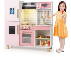 COSTWAY Kinderkeuken met accessoires, kinderkeuken met ijsmachine, afzuigkap, bord, grill en oven, speelkeuken met licht en geluid, houten keuken voor kinderen vanaf 3 jaar