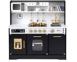 COSTWAY Kinderkeuken met licht en geluid, speelkeuken van hout met fornuis, gootsteen, oven, ijsmachine, magnetron, koffiezetapparaat, houten keuken incl. 14 accessoires, speelgoedkeuken voor kinderen