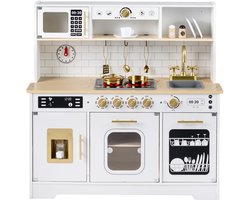 COSTWAY Kinderkeuken met licht en geluid, speelkeuken van hout met fornuis, gootsteen, oven, ijsmachine, magnetron, koffiezetapparaat, houten keuken incl. 14 accessoires, speelgoedkeuken voor kinderen