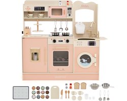 COSTWAY Kinderkeuken, Speelkeuken met 22 Accessoires: Houten Keuken met Fornuis, Kraan, Magnetron, Koffiezetapparaat, Broodrooster en Ijsdispenser, Licht en Geluid, 94cm hoog (aanrecht: 51,5cm), Roze