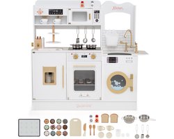 COSTWAY Kinderkeuken, Speelkeuken met 22 Accessoires: Houten Keuken met Fornuis, Kraan, Magnetron, Koffiezetapparaat, Broodrooster en Ijsdispenser, Licht en Geluid, 94cm hoog (aanrecht: 51,5cm), Wit