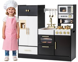 COSTWAY Kinderkeuken, speelkeuken met licht en geluid, houten keuken met fornuis, gootsteen, kraan, oven, ijsmachine, magnetron en koffiezetapparaat, speelgoedkeuken voor kinderen vanaf 3 jaar