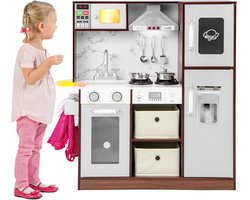 COSTWAY Kinderkeuken, speelkeuken met licht & geluid, houten keuken incl. accessoires, gootsteen, afzuigkap, magnetron, ijsmachine, bord, speelgoedkeuken voor kinderen vanaf 3 jaar