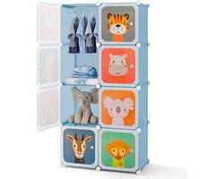 COSTWAY Kinderkledingkast RekSysteem met 8 Kubussen, Uitbreidbare Kunststof Opbergkast met Deuren en Hangers voor Kinderkamer en Slaapkamer, Blauw