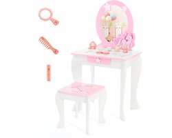 COSTWAY Kindermake-uptafel met kruk, prinsessenkaptafel met lade en afneembare spiegel, roze kapcommode voor meisjes van 3 tot 7 jaar (wit)