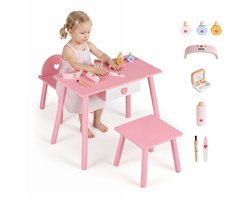 COSTWAY Kindernageltafel met lade, stoel en kruk, roze