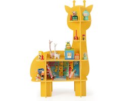 COSTWAY Kinderrek 2 niveaus, houten speelgoedrek met open planken, schattige boekenkast, kinderkamerrek voor kinderkamer, speelkamer, kleuterschool (geel, giraffe)