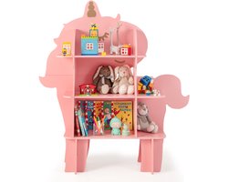 COSTWAY Kinderrek, 3 niveaus, houten speelgoedrek met open planken, schattige boekenplank, kinderkamerrek voor kinderkamer, speelkamer, kleuterschool (roze, eenhoorn)