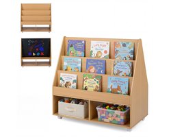 COSTWAY Kinderrek dubbelzijdig, Boekenrek voor kinderen met krijtbord & wielen, Speelgoedrek montessori met 3 planken & 2 vakken, Krantenstandaard van hout, Opbergrek voor kinderkamer (natuur)