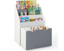 COSTWAY Kinderrek met 3 planken en rollende speelgoedkist, multifunctionele boekenplank voor kinderen, ideaal voor kinderkamer, kleuterschool