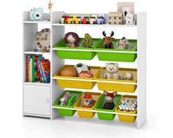 COSTWAY Kinderrek met 4 verdiepingen, speelgoedrek met 8 opbergdozen, 2 open planken en kast, speelgoedorganizer, boekenplank voor speelkamer, kleuterschool, kinderkamer, belastbaar tot 120 kg
