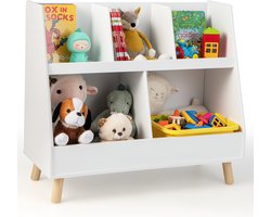 COSTWAY Kinderrek met 5 open vakken, boekenrek voor kinderen, kinderkamerrek met massief houten poten en kantelbeveiliging, speelgoedrek voor kinderkamer, speelkamer, slaapkamer, wit