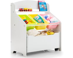COSTWAY Kinderrek met oprolbaar vak, boekenrek voor kinderen, speelgoedrek met 3 opbergdozen en plank, speelgoedkast, speelgoedorganizer voor kinderkamer, kleuterschool (wit)