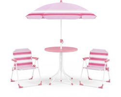 COSTWAY Kinderspeelgoed-set met in hoogte verstelbare parasol, 4-delig. Kinderspeelgoed-set met tafel & 2 klapstoelen, Kinderpicknicktafel buiten, Kindertuinmeubelen voor terras, strand (Roze+Wit)