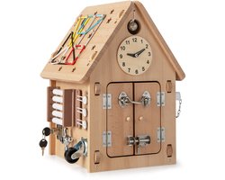 COSTWAY Kinderspeelhuis van hout, sensorisch speelgoedhuis met zintuiglijke speeltjes en opbergruimte binnenin, Montessori-speelgoed, activiteitenkubus, cadeau voor jongens en meisjes vanaf 3 jaar