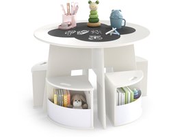 COSTWAY Kindertafel en Stoelset rond, 5-delige houten kinderzitgroep met 4 opbergkrukjes & krijtbord tafelblad, kleurtafel voor kinderkamer, zitgroep voor kinderen vanaf 3 jaar (wit)