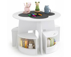 COSTWAY Kindertafel en Stoelset rond, 5-delige houten kinderzitgroep met 4 opbergkrukjes & krijtbord tafelblad, kleurtafel voor kinderkamer, zitgroep voor kinderen vanaf 3 jaar (wit)