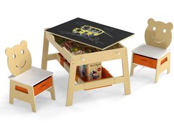 COSTWAY Kindertafel met 2 berenstoelen, 5-in-1 tafel met draaibaar bord, whiteboard, 4 haken en stoffen opbergvak, kinderstoelgroep met opbergruimte voor kinderen vanaf 3 jaar (natuurlijk)
