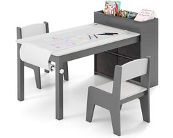 COSTWAY kindertafel met 2 stoelen, 2-in-1 kinderzitgroep van hout met opbergruimte, kindertafel en stoel set met papierrolhouder & 4 stoffen bakjes, tekentafel voor kinderen vanaf 3 jaar (grijs)