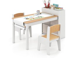 COSTWAY Kindertafel met 2 stoelen, 2-in-1 kinderzitgroep van hout met opbergruimte, kindertafelstoelset met papierrolhouder en 4 stoffen containers, schildertafel voor kinderen vanaf 3 jaar (natuur)