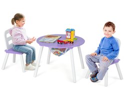 COSTWAY Kindertafel met 2 stoelen, 3-delig. Houten zitgroep, kinderzitgroep met afneembaar tafeldeksel & opbergzak, kindermeubelset stapelbaar voor jongens meisjes (paars)