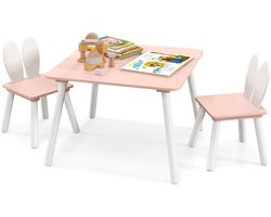 COSTWAY Kindertafel met 2 stoelen, 3-delig. Kinderzitgroep met massief houten poten & hazenoren rugleuning, vierkante speeltafel, kindermeubel kinderzitgarnituur voor 3-6 jaar kinderen (roze)