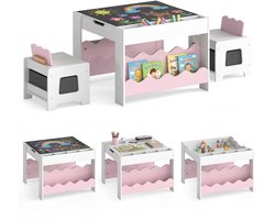 COSTWAY Kindertafel met 2 Stoelen, 3-delige Kinderset met Opbergruimte | 4-in-1 Kindertekentafel met Omkeerbaar Tafelblad, Boekenplank & Stoffen Laden, Knutseltafel voor Kinderen vanaf 3 Jaar, Roze