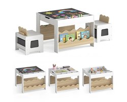 COSTWAY Kindertafel met 2 Stoelen, 3-delige Kinderset met Opbergruimte | 4-in-1 Kindertekentafel met Omkeerbaar Tafelblad, Boekenplank & Stoffen Lades, Knutseltafel voor Kinderen vanaf 3 Jaar, Naturel